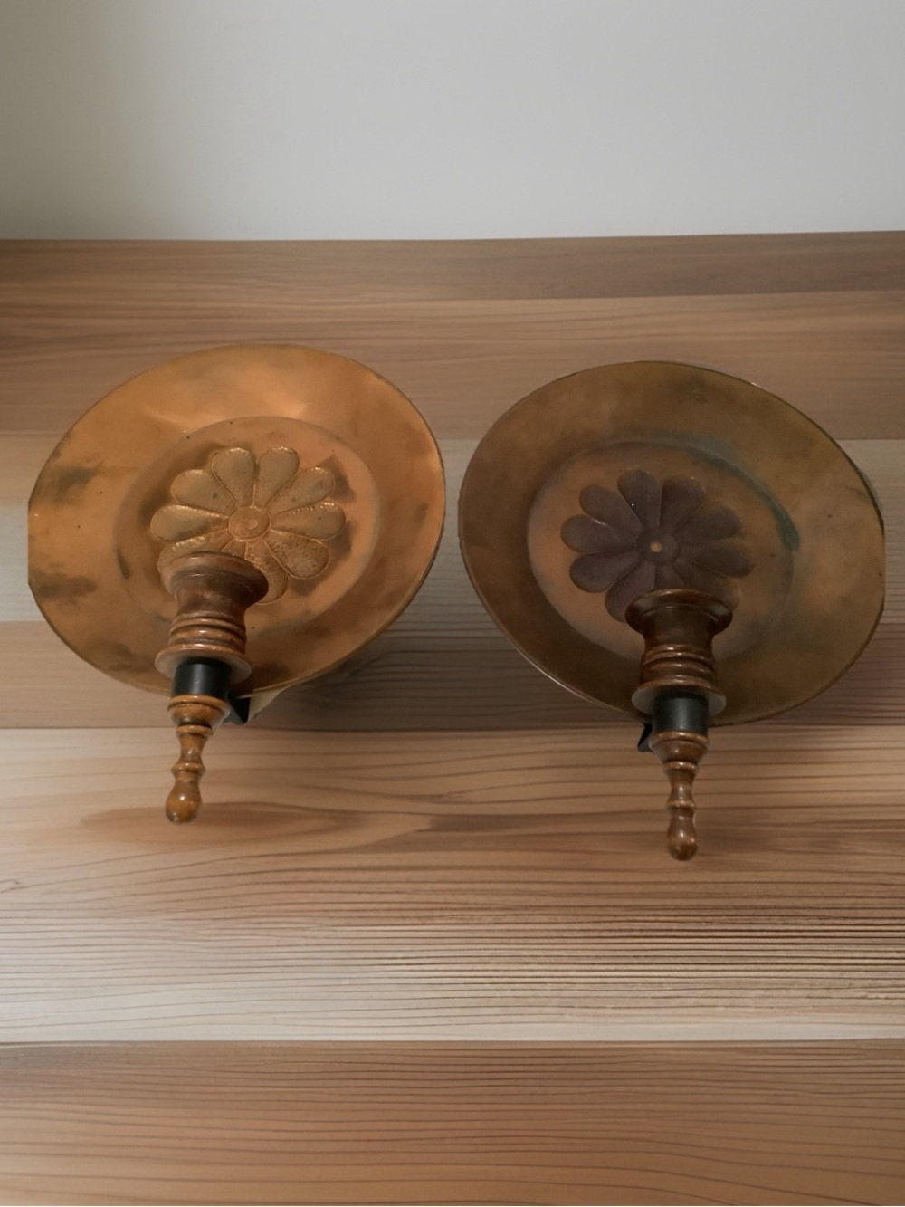 VTG Cottagecore Copper and Wood Candleholder Wall Sconces With Flower Designs